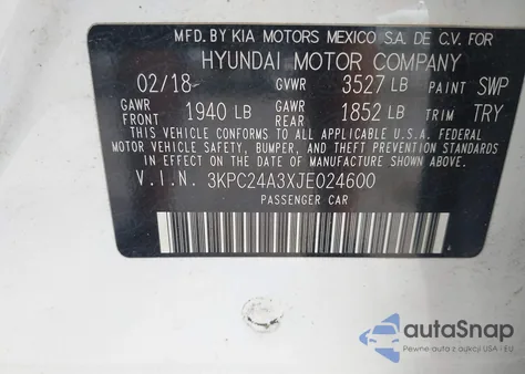 2018 Hyundai Accent Sel z USA, uszkodzony, nr VIN 3KPC24A3XJE024600